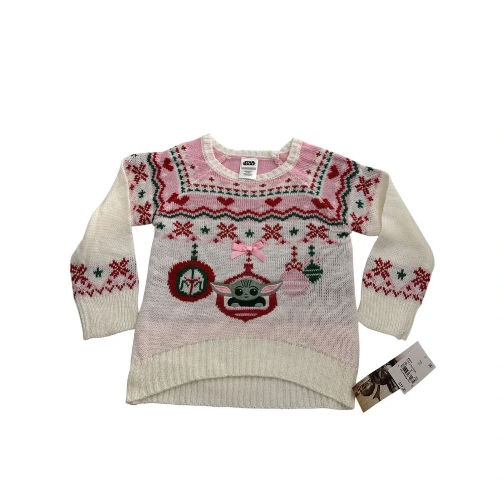 Star Wars Baby Yoda Girls Holiday Sweater Pink & White Size 3T Acrylic Blend NWT